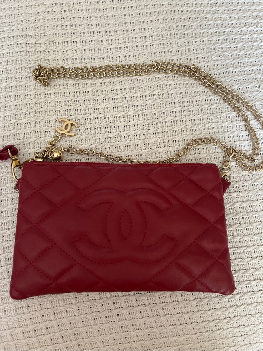 Red Quilted Crossbody Wristlet with Gold Chain-fake